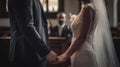 The bride and groom holding hands at the altar during their ceremony created with Generative AI