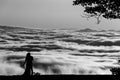 A bride and groom stand in front of a cloud inversion in Shenandoah Natioinal Park