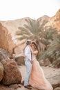 Bride and groom stand and hug in canyon against background of rocks and palm trees.