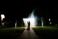 Bride and groom stand at the wedding arch night Royalty Free Stock Photo