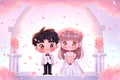 Bride and groom standing at the wedding altar in 3d illustration style