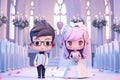 Bride and groom standing at the wedding altar in 3d illustration style