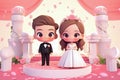 Bride and groom standing at the wedding altar in 3d illustration style