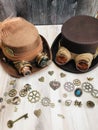 Bride & groom steampunk hats goggles gears magnifying glass