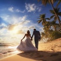 A bride and groom are walking on the beach holding hands Royalty Free Stock Photo