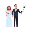 The bride and groom take a selfie. Photo of happy newlyweds. Vector illustration Royalty Free Stock Photo