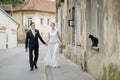Bride and groom taking a walk Royalty Free Stock Photo