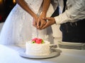 Bride and groom together cut cake at their wedding