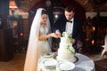 bride and groom with traditional white wedding cake decorated with flowers Royalty Free Stock Photo