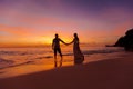 bride and groom on a tropical beach with the sunset in the background Royalty Free Stock Photo