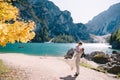 Bride and groom under an autumn tree, with fiery yellow foliage, at the Lago di Braies in Italy. Destination wedding in Royalty Free Stock Photo