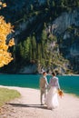 Bride and groom under an autumn tree, with fiery yellow foliage, at the Lago di Braies in Italy. Destination wedding in Royalty Free Stock Photo