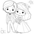 Bride and groom. Vector black and white coloring page