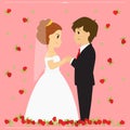 Bride and Groom Vector Illustration Surrounded By Falling Red Roses.