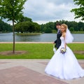 The bride and groom for a walk