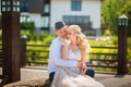 The bride and groom on a walk in the summer. Newlyweds in the park. Summer wedding in nature, Ukraine, Dnipro