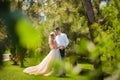 The bride and groom on a walk in the summer. Newlyweds in the park. Summer wedding in nature, Ukraine, Dnipro Royalty Free Stock Photo