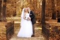 Bride and groom walking in autumn park Royalty Free Stock Photo