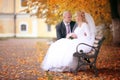 Bride and groom walking in autumn park Royalty Free Stock Photo