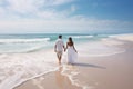 bride and groom walking on beach. Faceless concept. Royalty Free Stock Photo