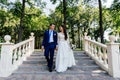 The bride and groom walking down the stairs in the park. The bridegroom embraces the bride. Wedding couple in love at wedd day Royalty Free Stock Photo