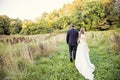 Bride and groom walking in forest Royalty Free Stock Photo