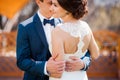 Bride and groom walking at the river Royalty Free Stock Photo