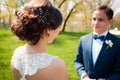 Bride and groom walking at the river Royalty Free Stock Photo