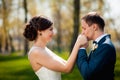 Bride and groom walking at the river Royalty Free Stock Photo