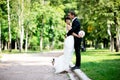 Bride and groom walking in a summer park Royalty Free Stock Photo