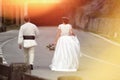 Bride and groom walking together Royalty Free Stock Photo