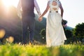 Bride and groom walking towards sunset holding hands Royalty Free Stock Photo