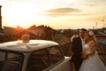 Bride and groom watch the sunset standing on the roof Royalty Free Stock Photo