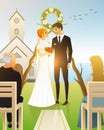 Bride And Groom. Wedding ceremony on the beach by the sea. Newlyweds, couple at church door. vector illustration card