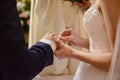 the bride and groom during the wedding ceremony put wedding rings on their fingers Royalty Free Stock Photo