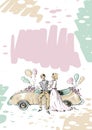 Bride and groom in wedding clothes with car, a sketch drawn by hand. Watercolor Greeting card Royalty Free Stock Photo