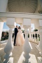 bride and groom in wedding clothes dance in gazebos or rotunda in the park. Royalty Free Stock Photo
