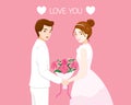 Bride And Groom In Wedding Clothing Holding Bouquet Of Flowers Together, ValentineÃ¢â¬â¢s Day