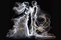 Bride and groom wedding couple in silhouette with glowing lines, illustration, generative AI