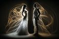 Bride and groom wedding couple in silhouette with glowing lines, illustration, generative AI