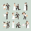 Bride and groom. Wedding couple in various poses jump, dance and kiss, hug and cut cake. Marriage ceremony scenes, man Royalty Free Stock Photo