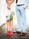 Bride and groom at wedding Day walking Outdoors on spring nature Royalty Free Stock Photo