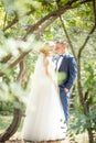 Bride and Groom at wedding Day walking Outdoors on spring nature. Royalty Free Stock Photo