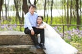 Bride and groom in wedding dress with elegant hairstyle, with white wedding dress Sitting on a rock Royalty Free Stock Photo
