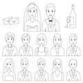 Bride, groom and wedding guests. Vector black and white coloring page