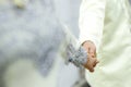 Bride and groom after wedding hold hand together