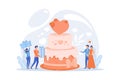 Bride and groom at wedding party and guests with gifts at big cake. Wedding party planning, bridal party ideas, bridesmaid dresses