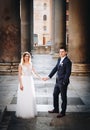 Bride and groom wedding poses in front of Pantheon, Rome, Italy Royalty Free Stock Photo