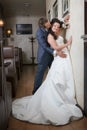 Bride and groom on the wedding walk in the modern hotel hall Royalty Free Stock Photo