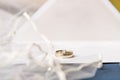A bride and grooms wedding bands with a vail and wedding invitations